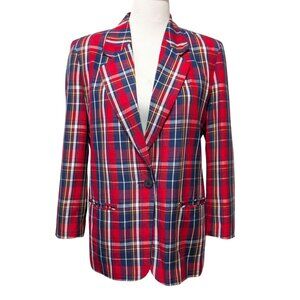 Pendleton Sophisticates Womens Sz 10P Vtg Red Plaid Rayon Single Button Blazer